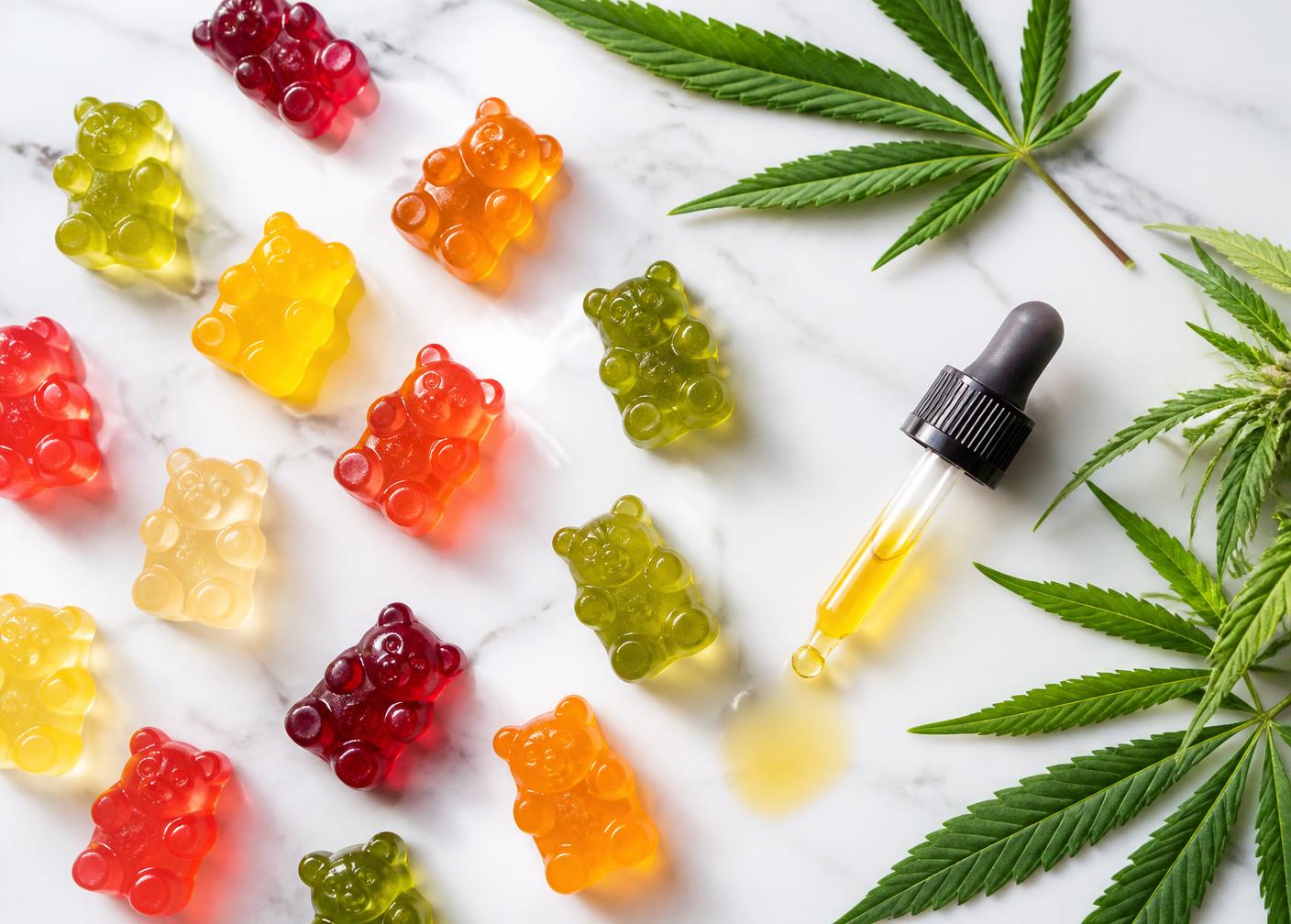 Assorted fruit-flavoured CBD gummies laid out beside hemp leaves and a dropper of hemp oil