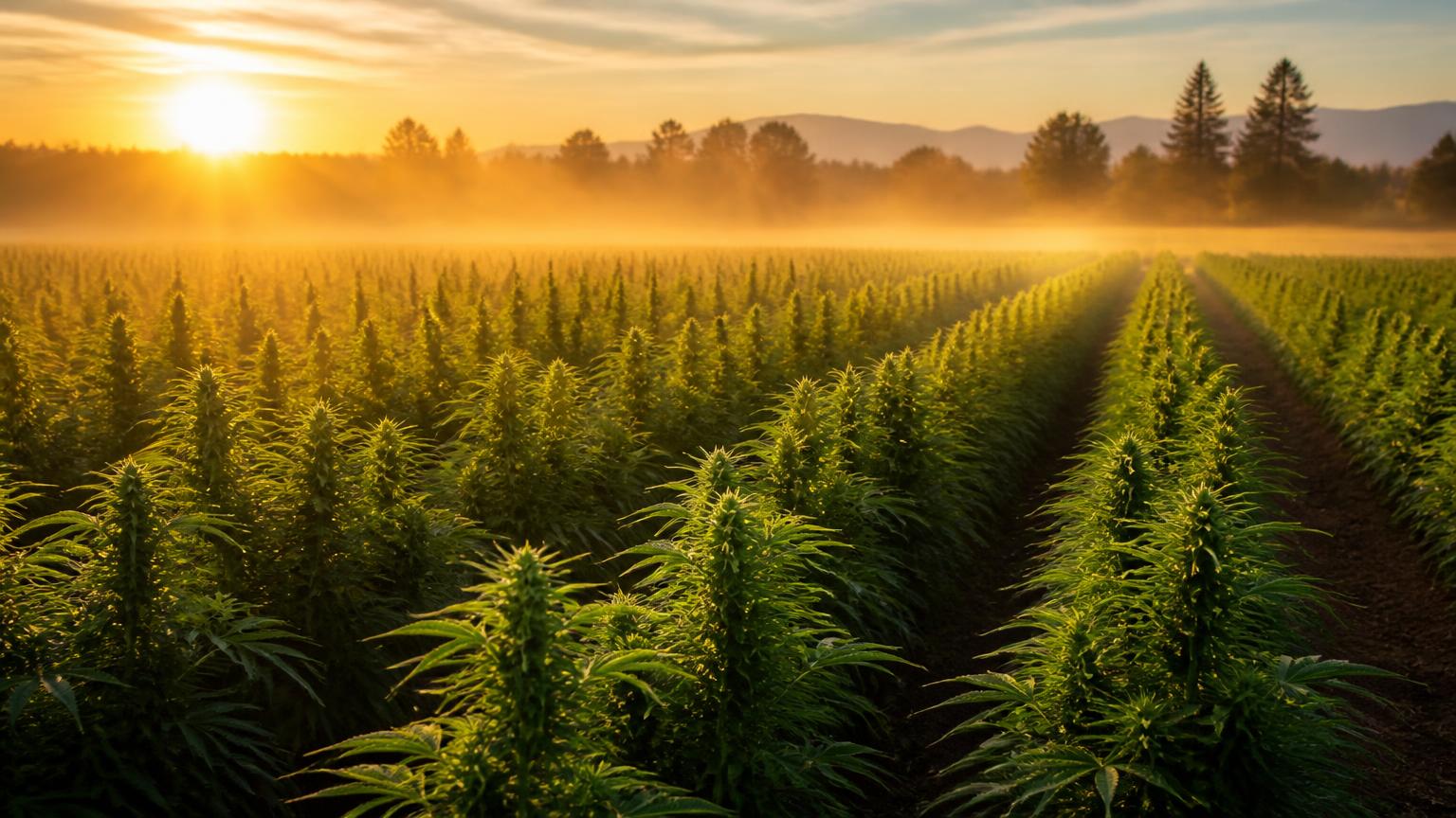 Rows of organically grown hemp plants at sunrise on a farm