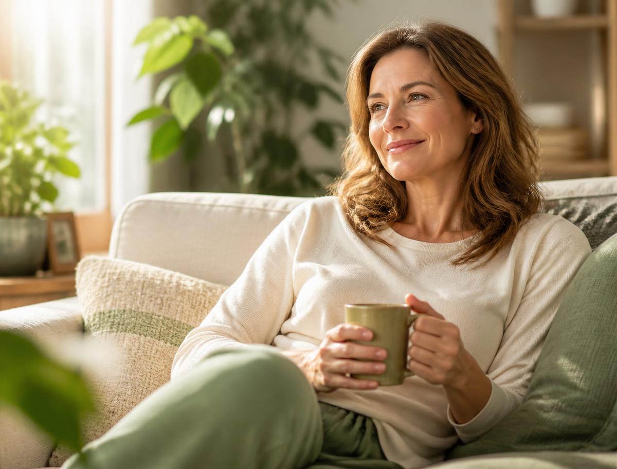 Woman relaxing calmly at home with a warm drink after taking a CBD gummy